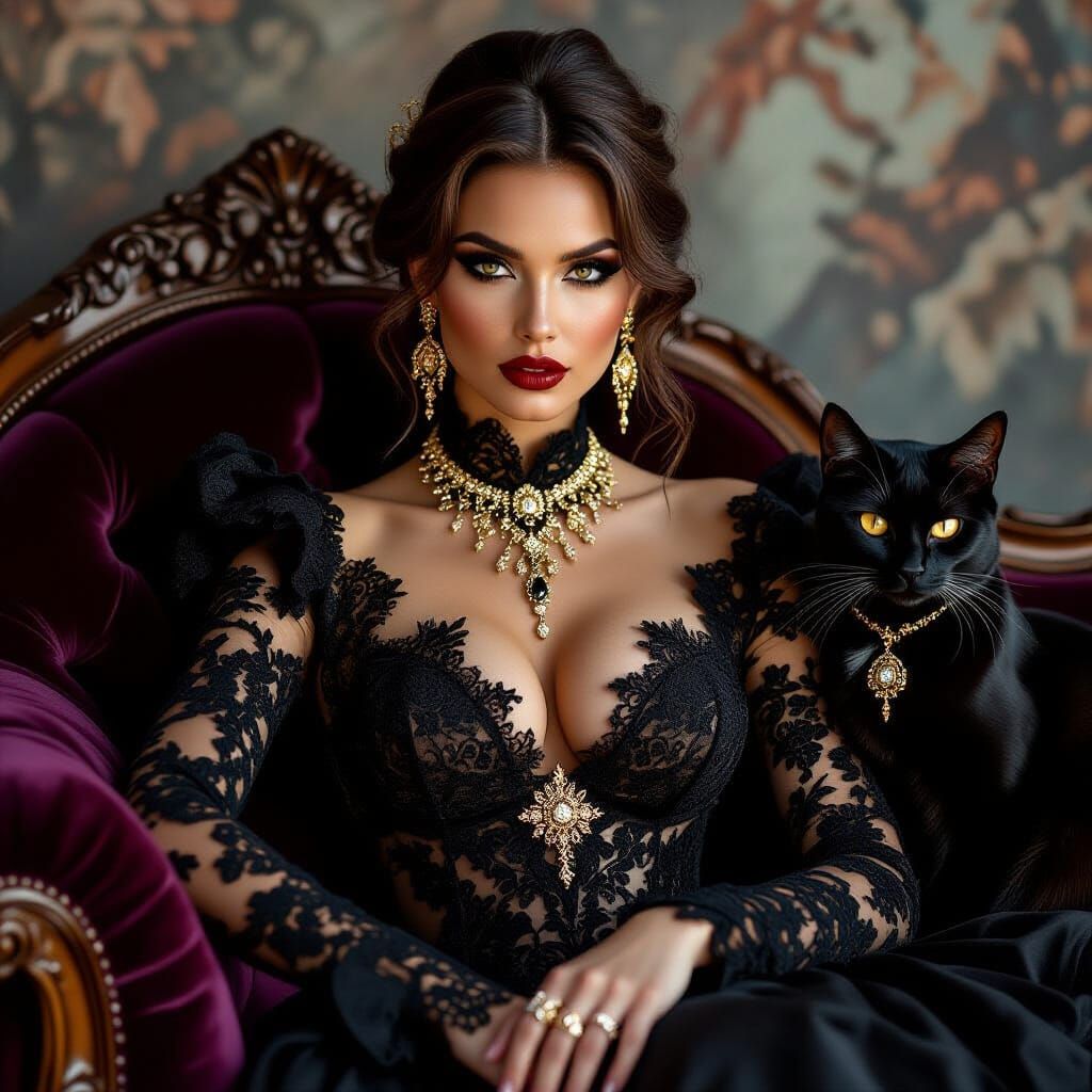 a modern gothic style depicts a regal woman with luminous go...