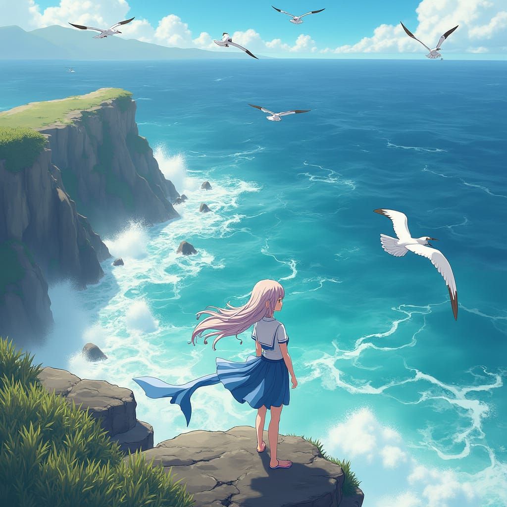 Anime Girl at Windswept Coastline in 3D Style