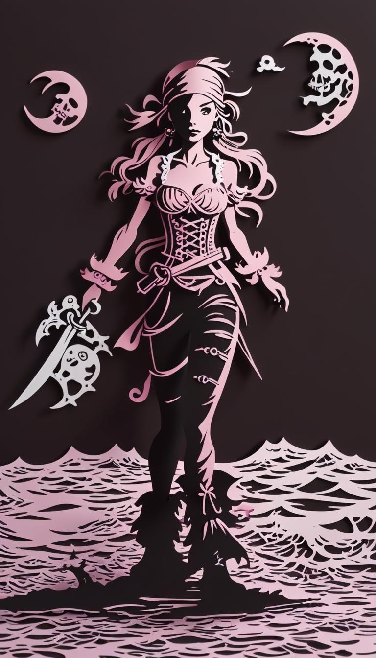 pirate girl, pink, papercut,