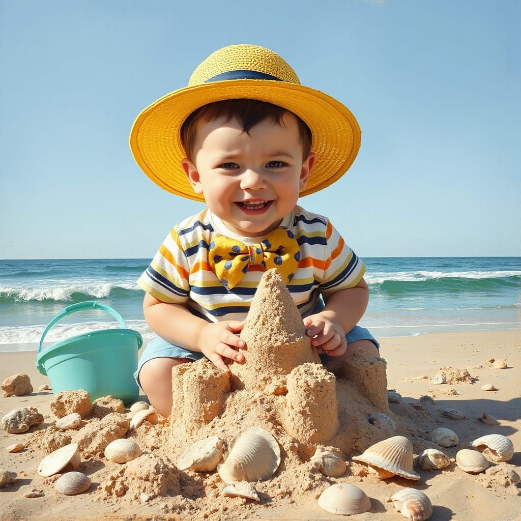 Vibrant Beachside Sandcastle Adventure in Bold, Expressive S...
