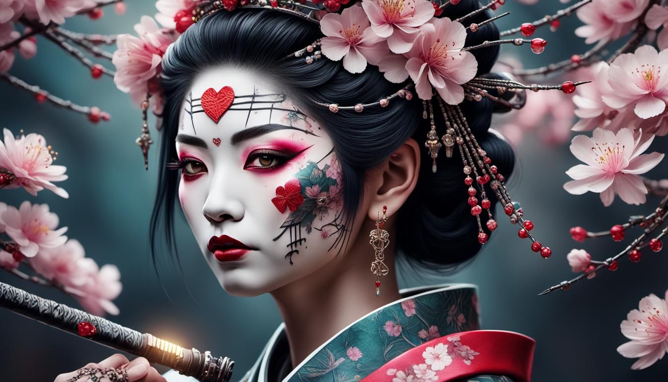 Geisha with Tattoos and Barbed Wire Crown