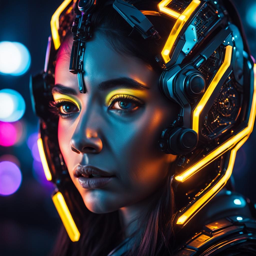 Cyborg Girl Portrait in Neon City at Night