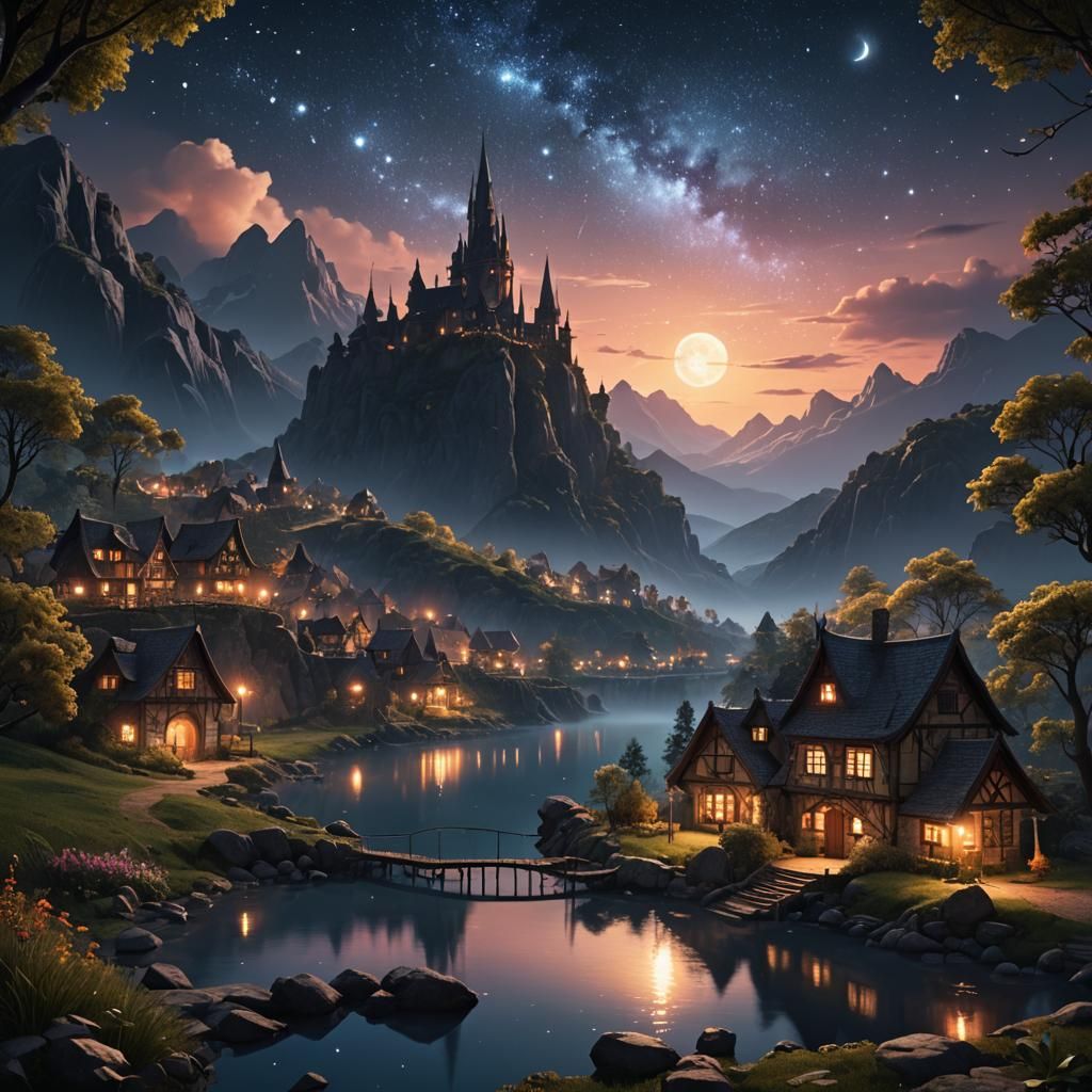 Enchanting Starlit Night Landscape in Detailed Matte Paintin...