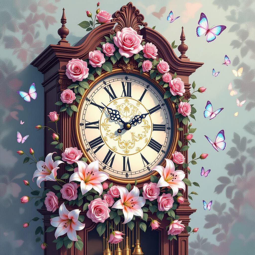 Floral Clock with Butterfly Hands in Dreamy Watercolor Style
