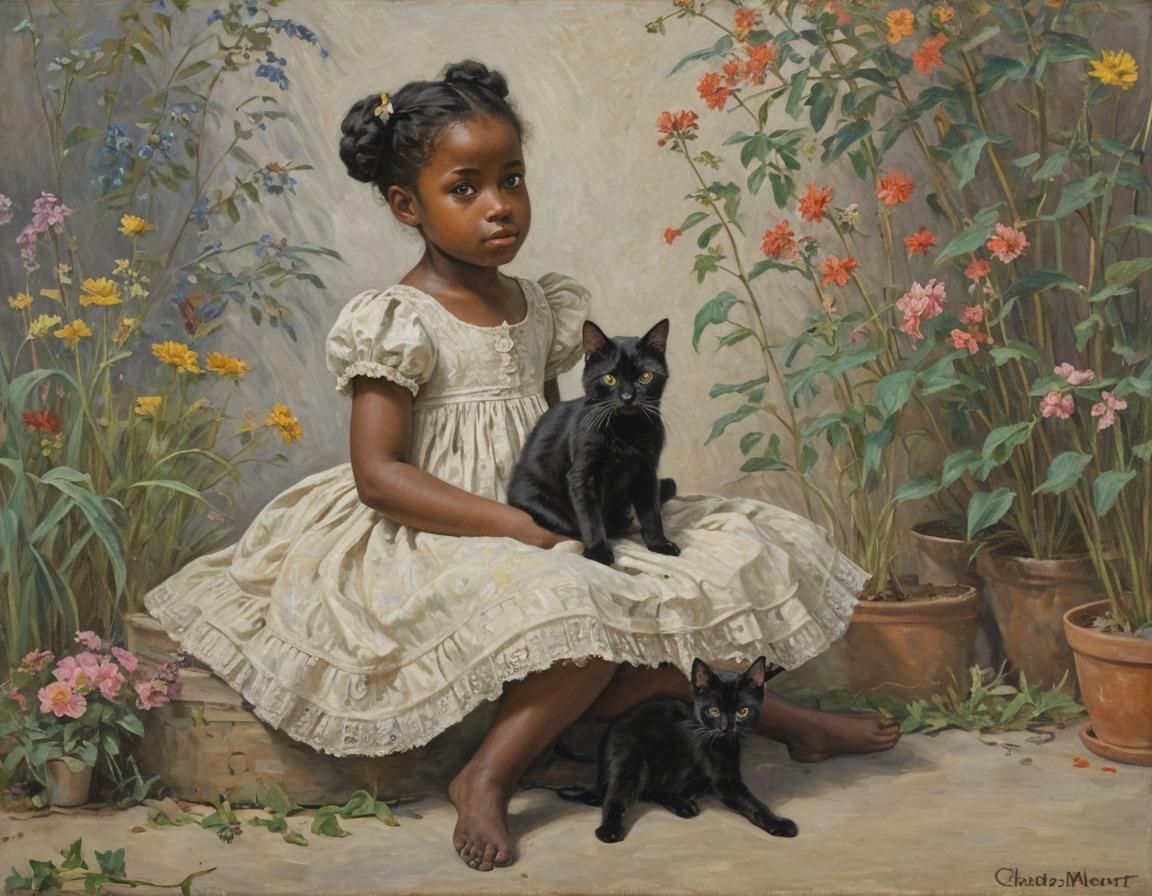 Black Cat and Toddler, Impressionistic Style