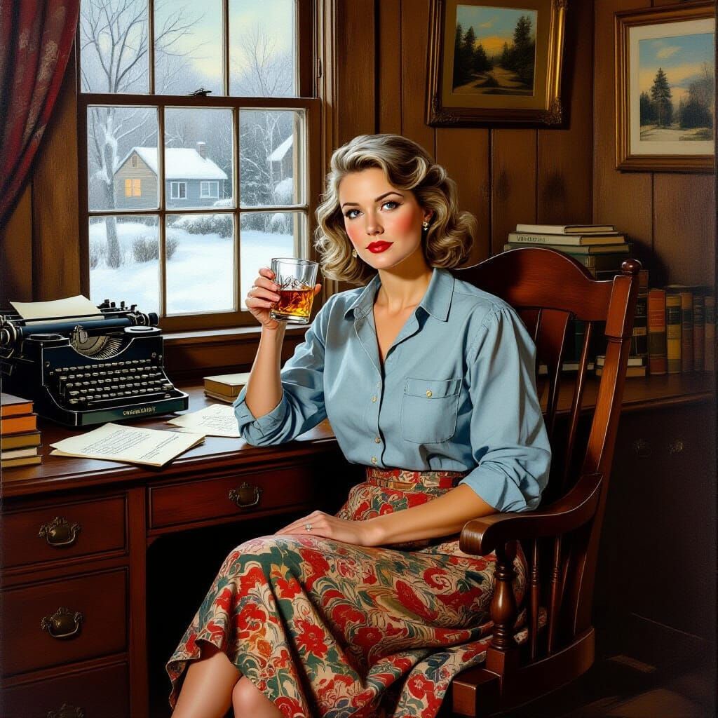 Woman at Desk in Soft Lighting, Evocative Painting