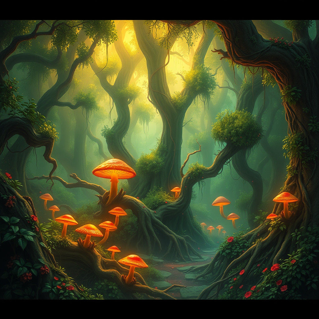 Lush Green Forest with Golden Light