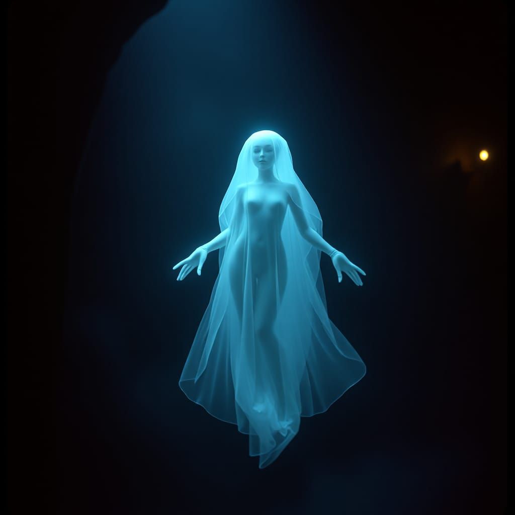 Ethereal Ghost Woman in Mystical Setting