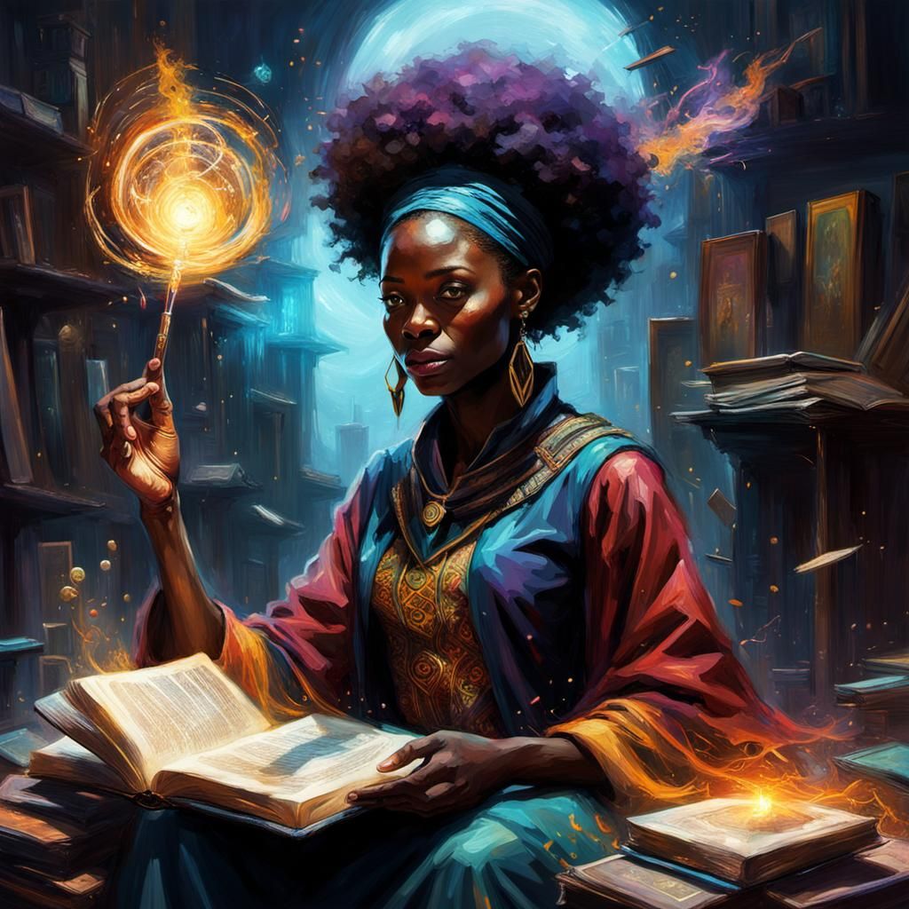 African Magician Practicing Magic with Glowing Book