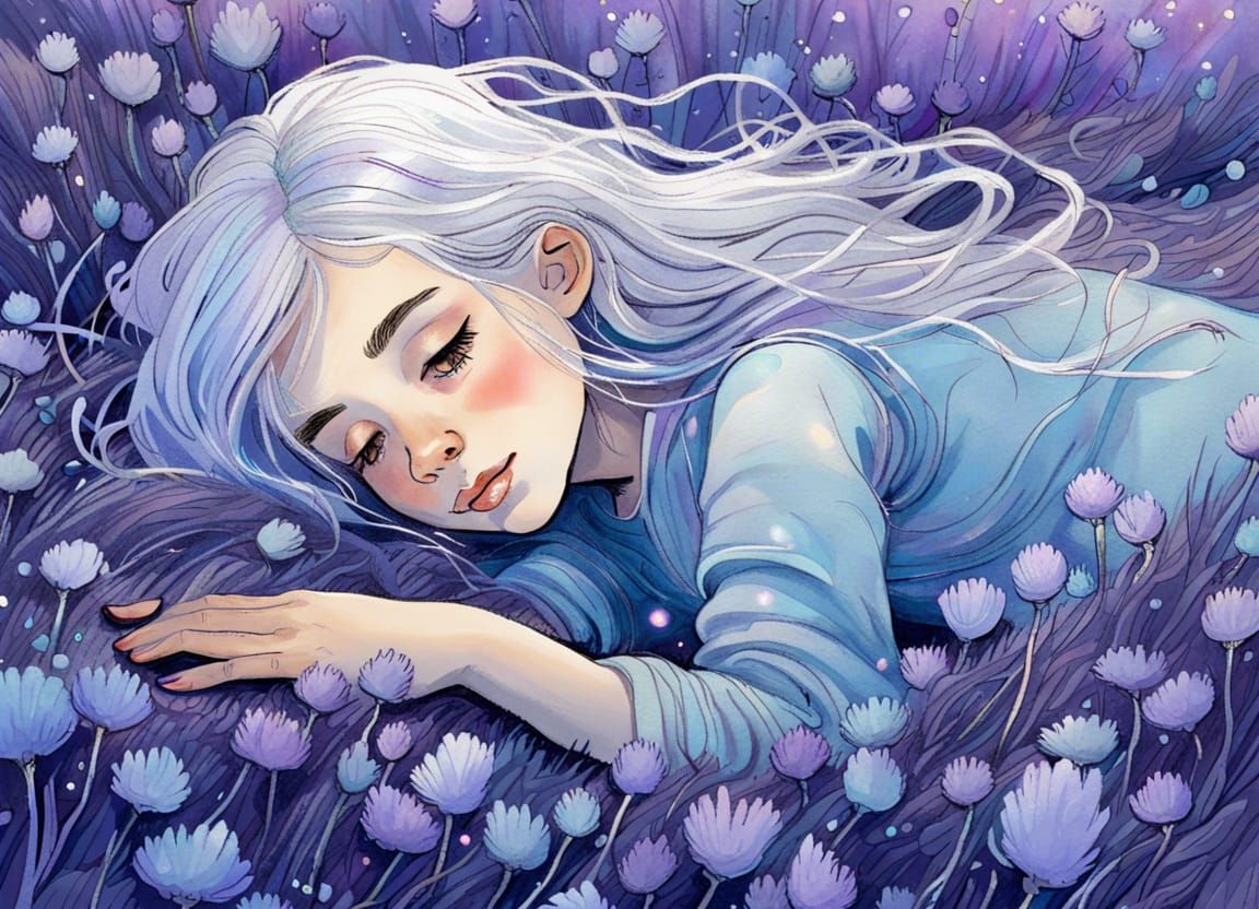 Girl in Bioluminescent Lavender Field: Fantasy Art