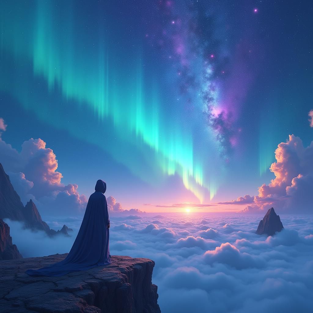 Mystical Figure Gazing at Starry Sky in Dreamlike Landscape