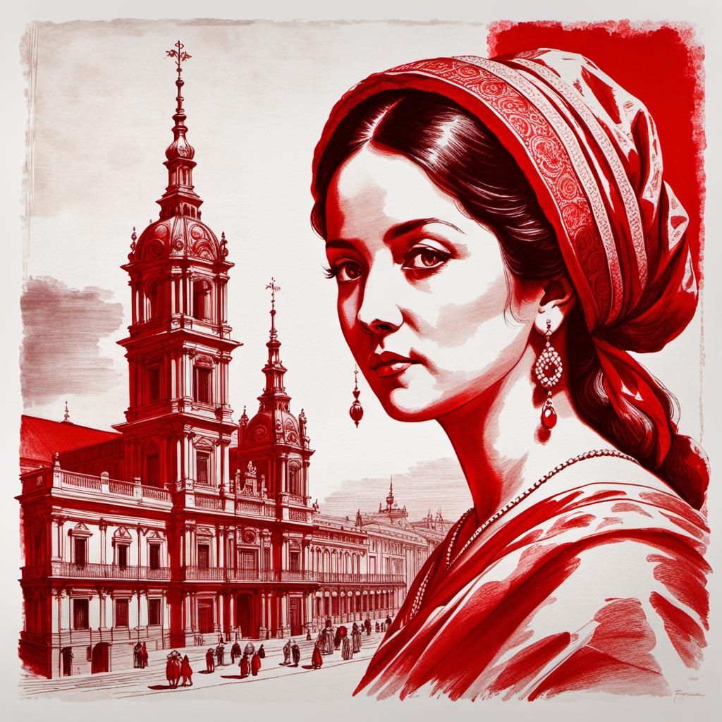 Spanish Madre in Red Ink Drawing