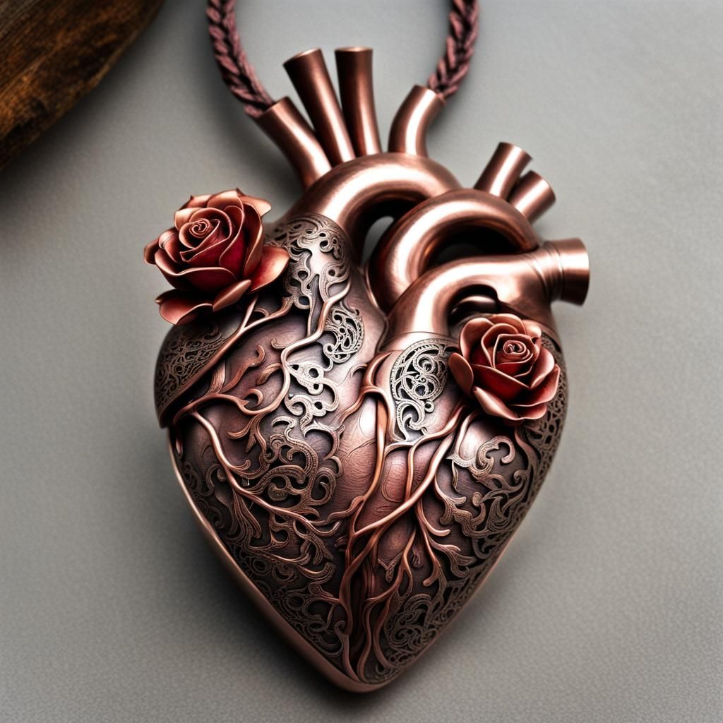 Copper Anatomical Heart with Filigree Engravings