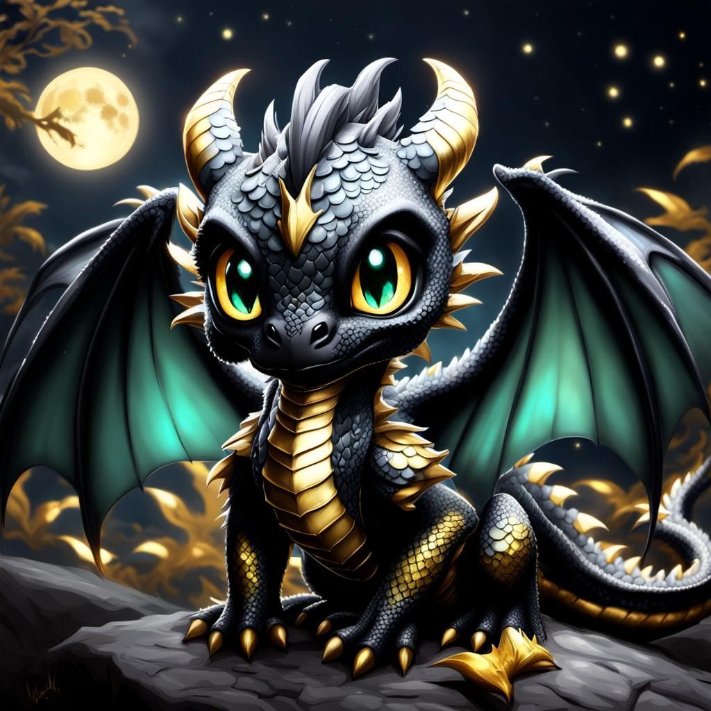 Anime Baby Dragon with Glowing Gold Details