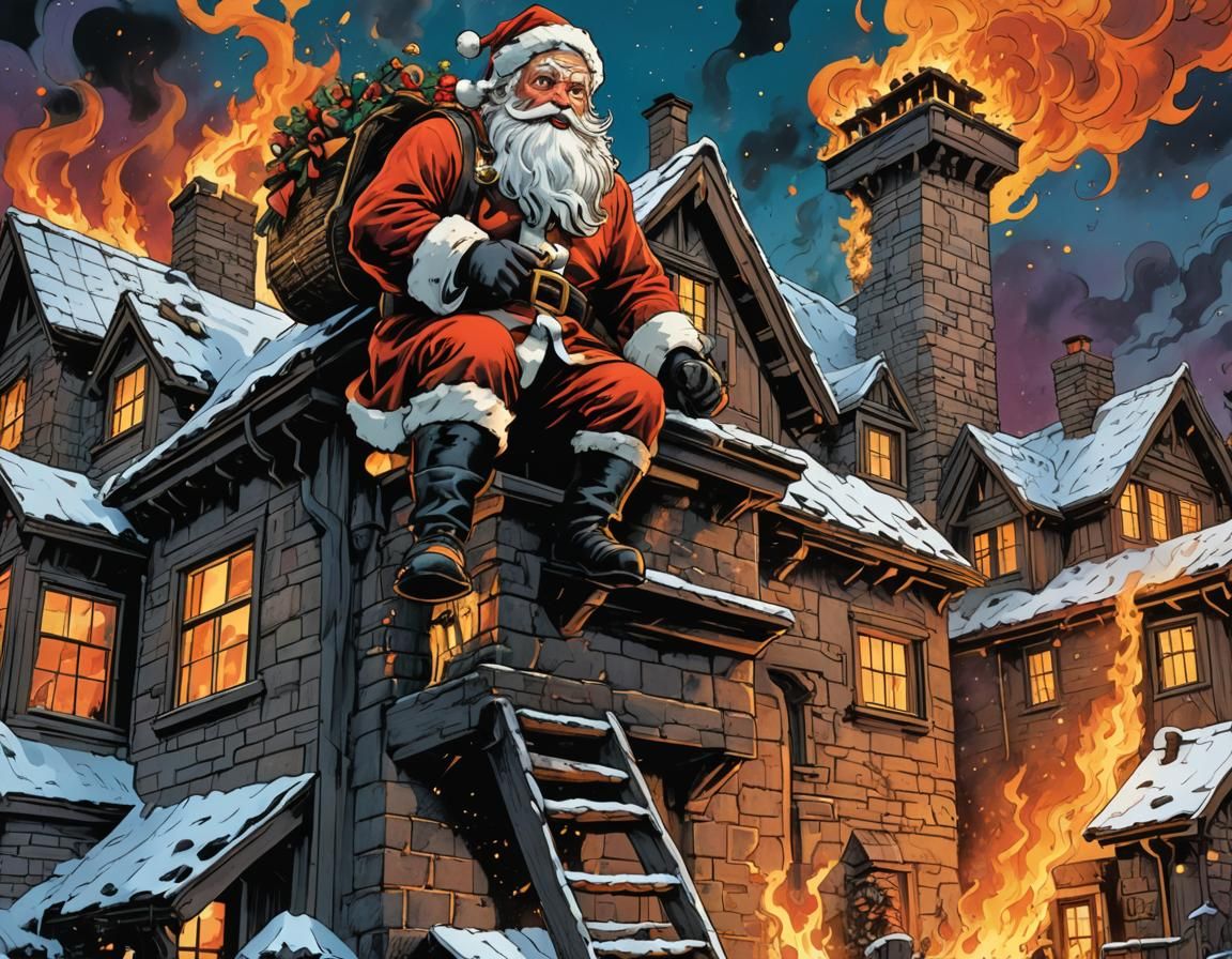 Santa Claus in Chimney Fire, Comic Book Art