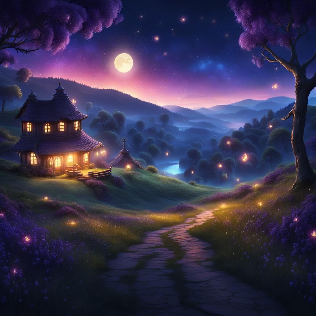 Dreamy Fairyland Countryside at Night in Digital Painting
