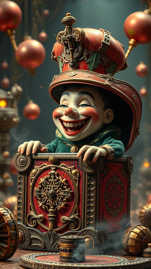 Smiling Jack-in-the-Box in Steampunk Alphonse Mucha Style