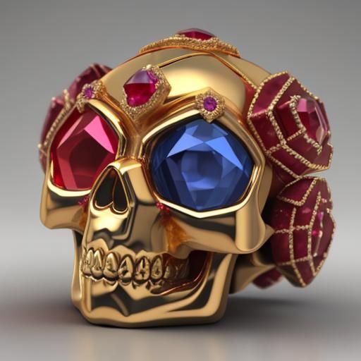 Gold Skull with Diamond and Ruby Inlay
