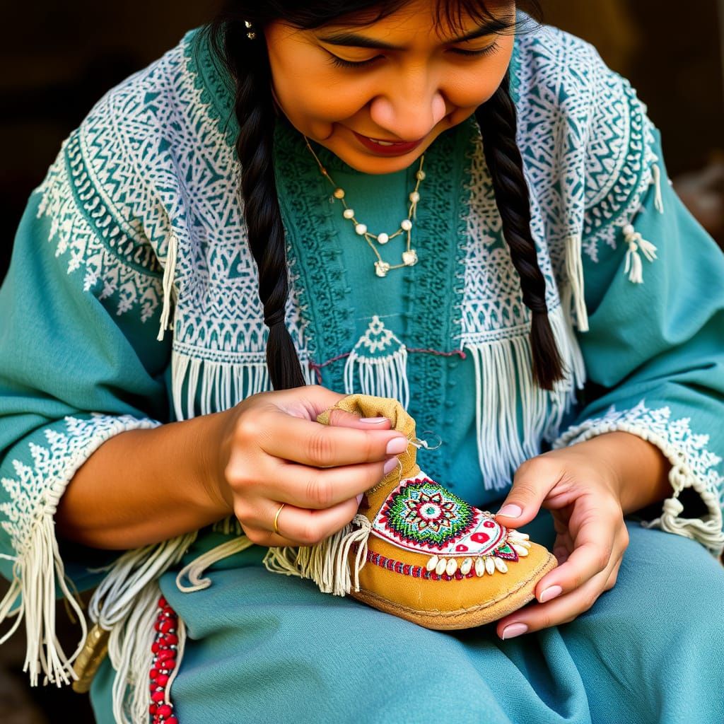 Native American Woman Adorns Moccasin with Beaded Embellishm...