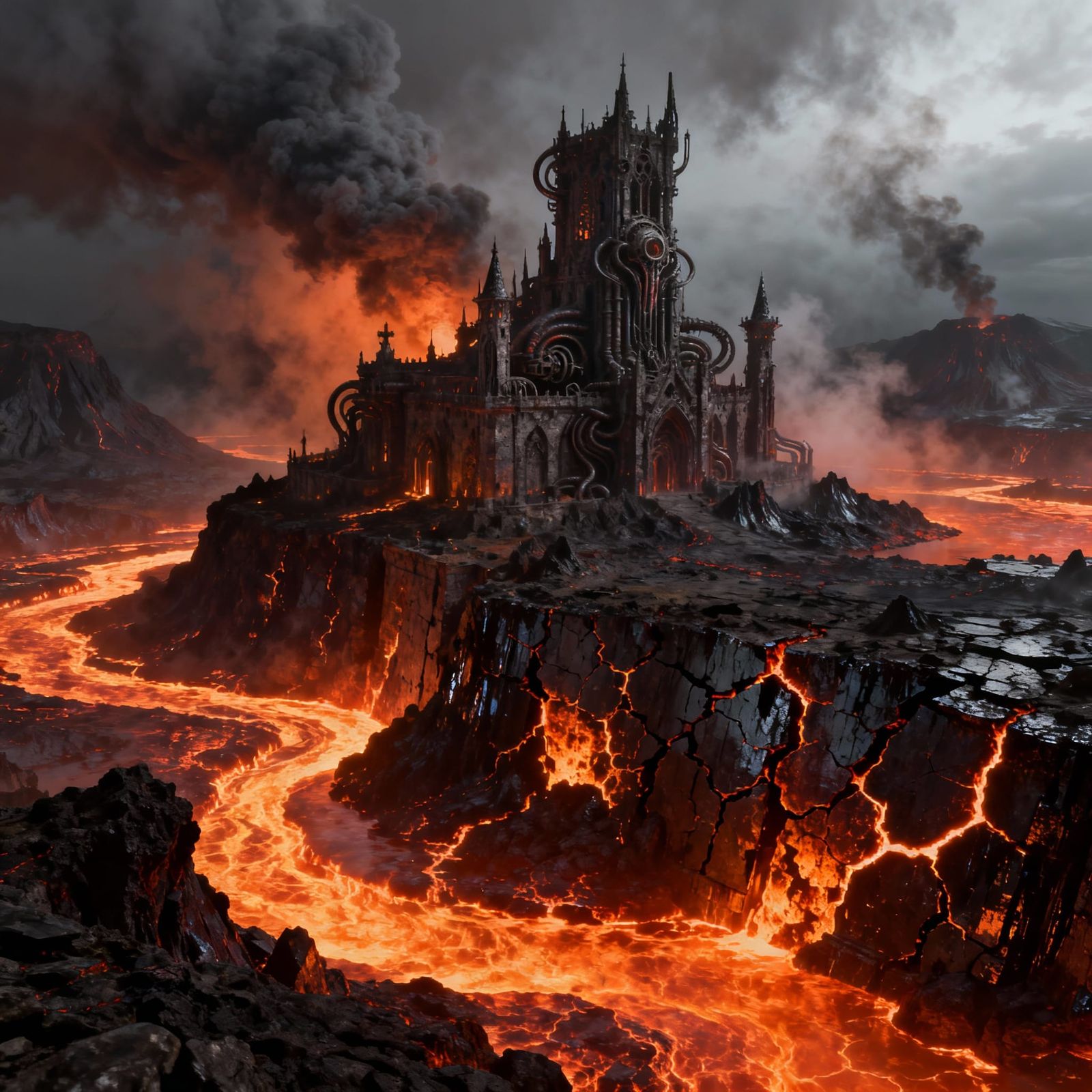 Menacing Castle in Volcanic Lava Lake