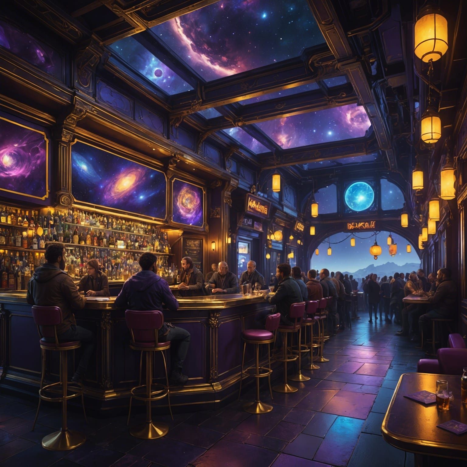 Cosmic Bar at Universe Edge: Dark Fantasy Concept Art