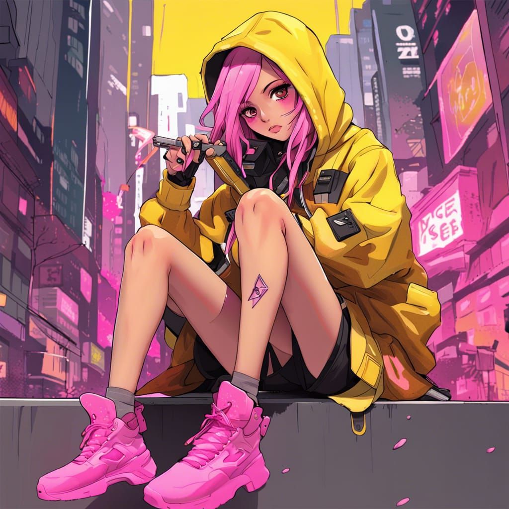 Anime Girl in Cyberpunk Cityscape with Revolver