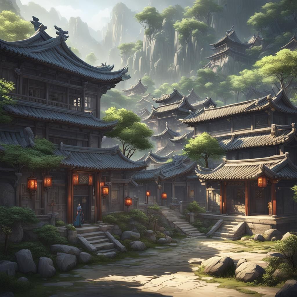 Ancient Chinese Village in Detailed 3D Anime Art