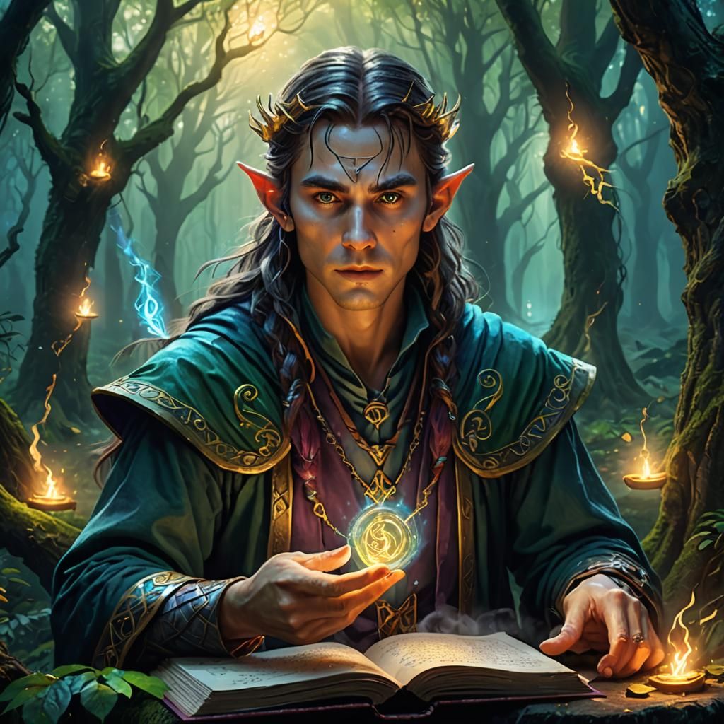 Half-Elf Mage Casting Spell in Mystical Forest