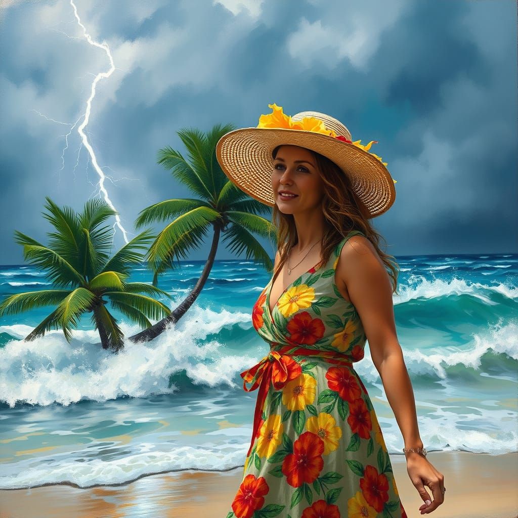 Woman on Stormy Caribbean Beach in Expressive Style