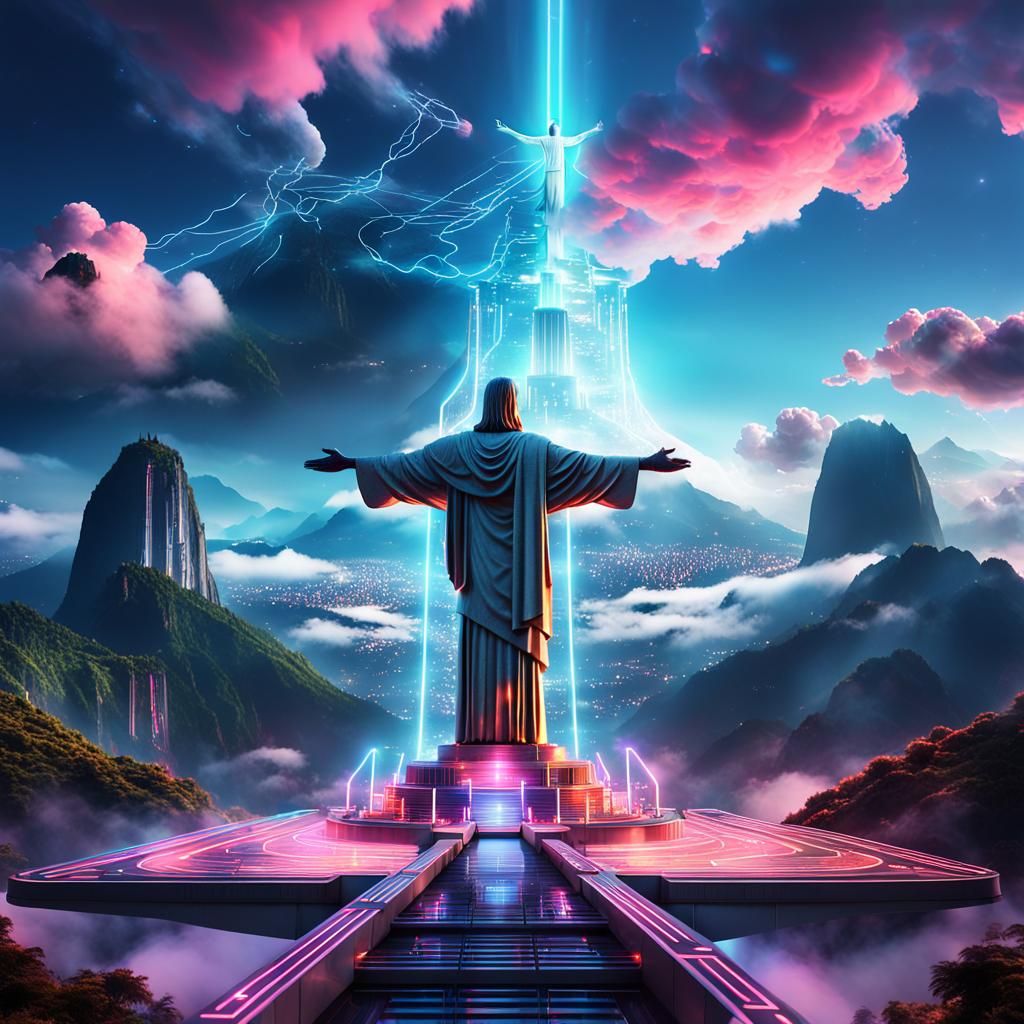 Futuristic Christ the Redeemer in Sci-Fi Cityscape