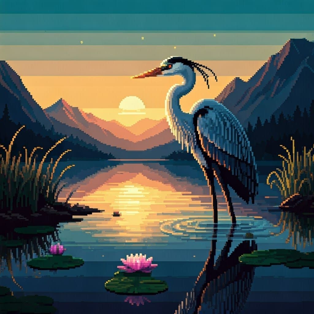 Pixelated Heron Bird in Pixelated Pond