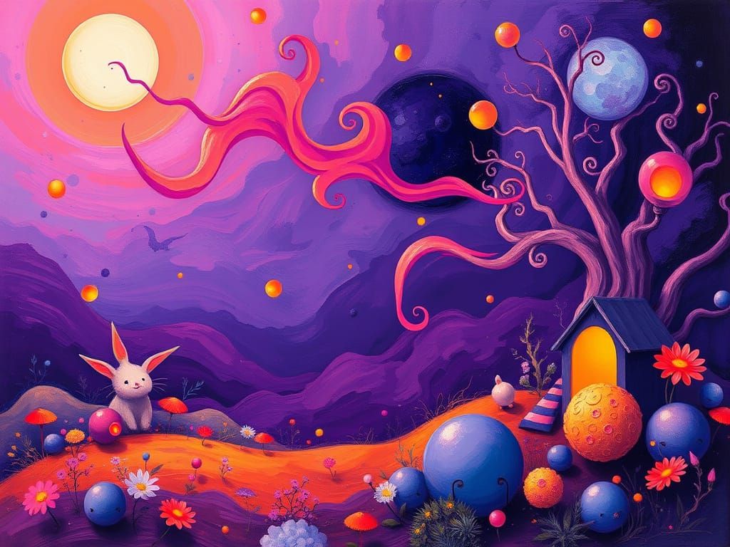 Whimsical Dance of Vibrant Hues in Dreamlike Scene