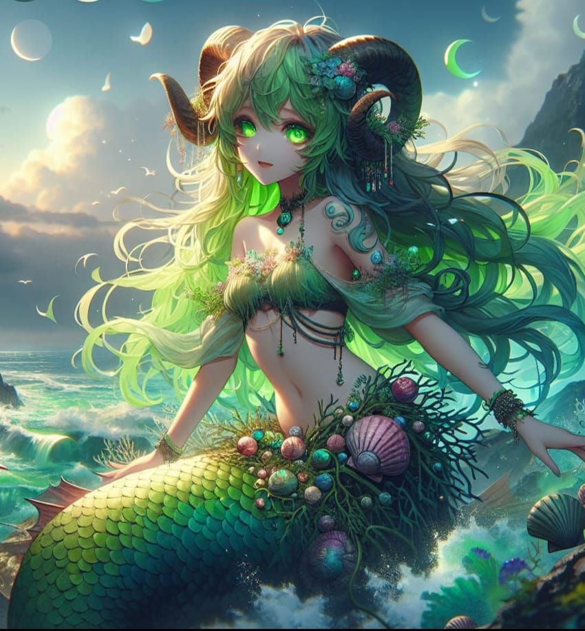 Anime Mermaid Satyr in Foggy Moonlight