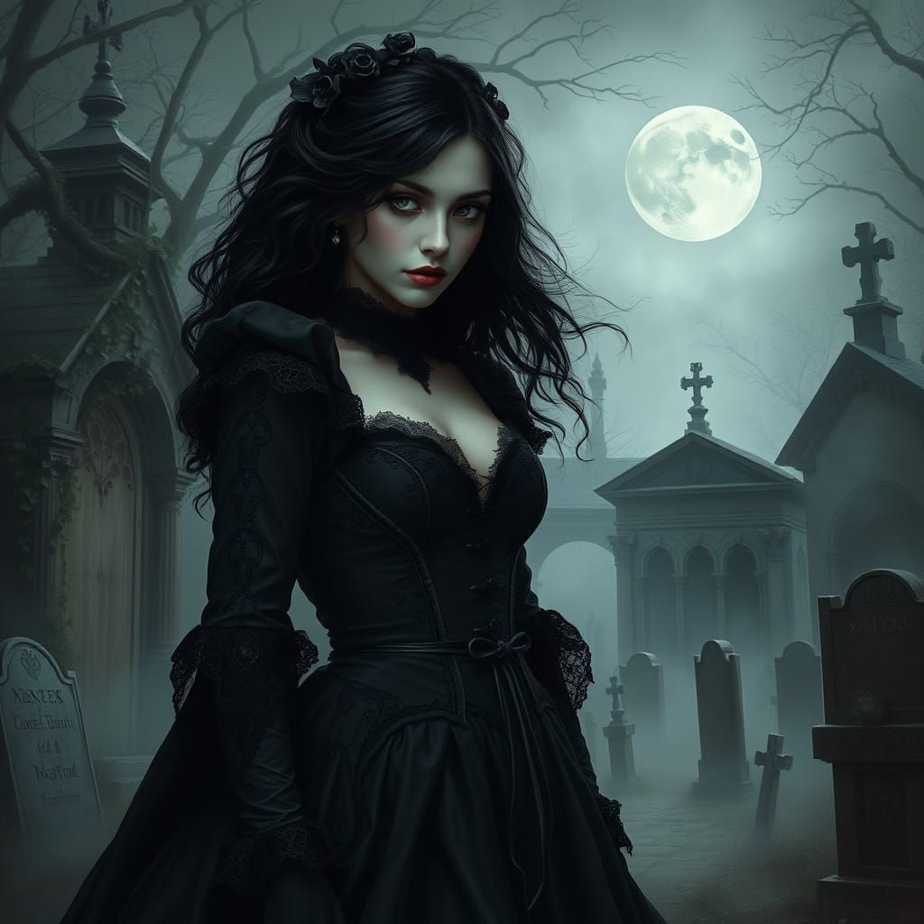 Gothic Vampire in a Victorian-Era Graveyard Under Moonlight