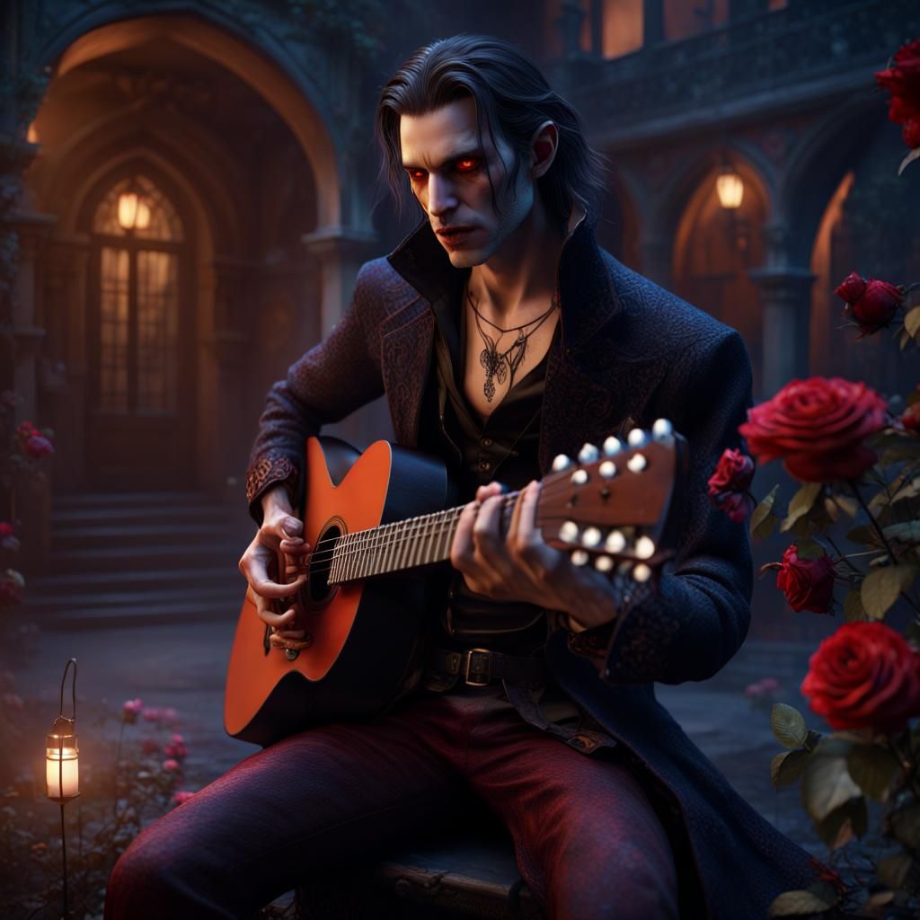 Handsome Vampire Plays Guitar at Night