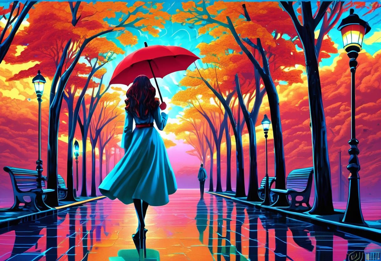 Mystical Girl in a Dreamlike Rainy Landscape
