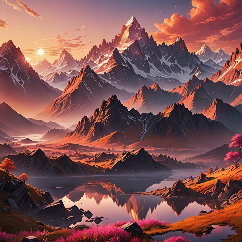 Crystal Mountains Reflecting Warm Sunset: Matte Painting
