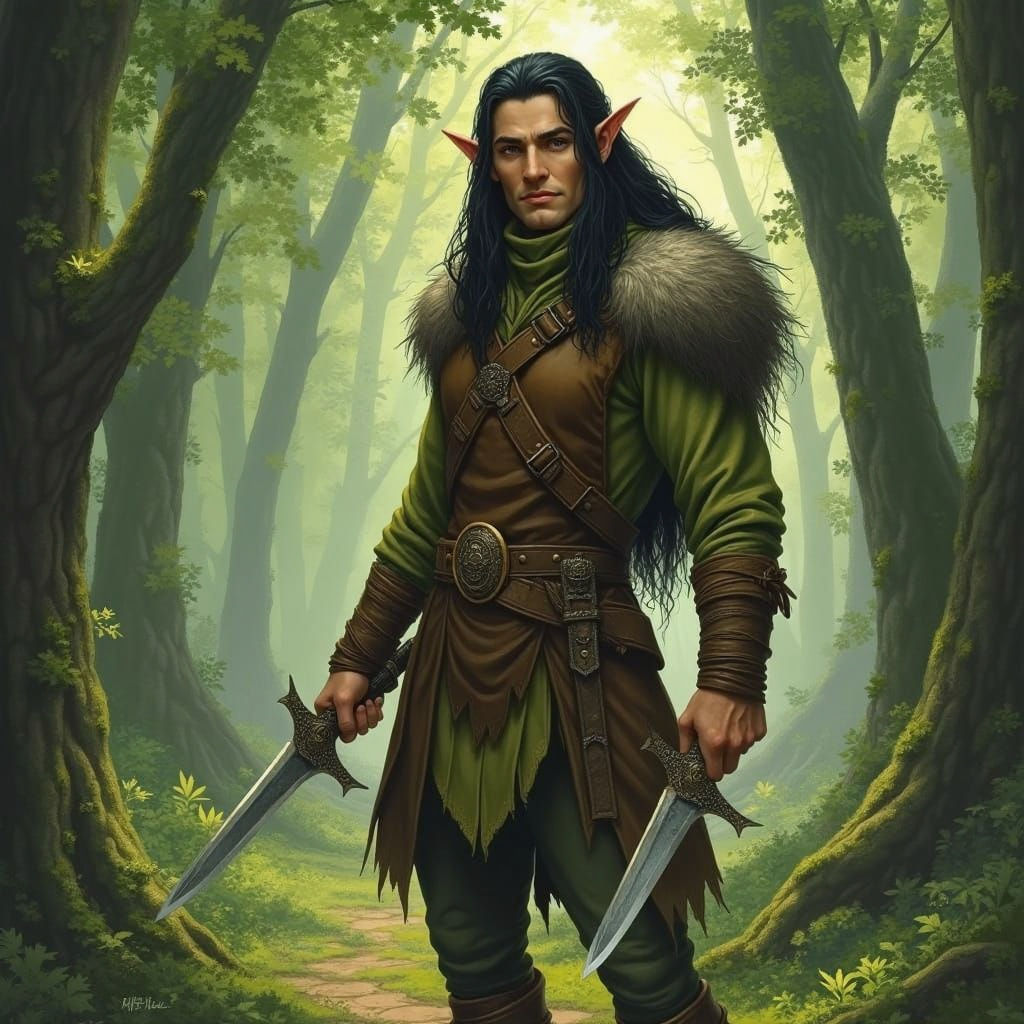 Forest Elf Druid with Daggers in Enchanted Forest