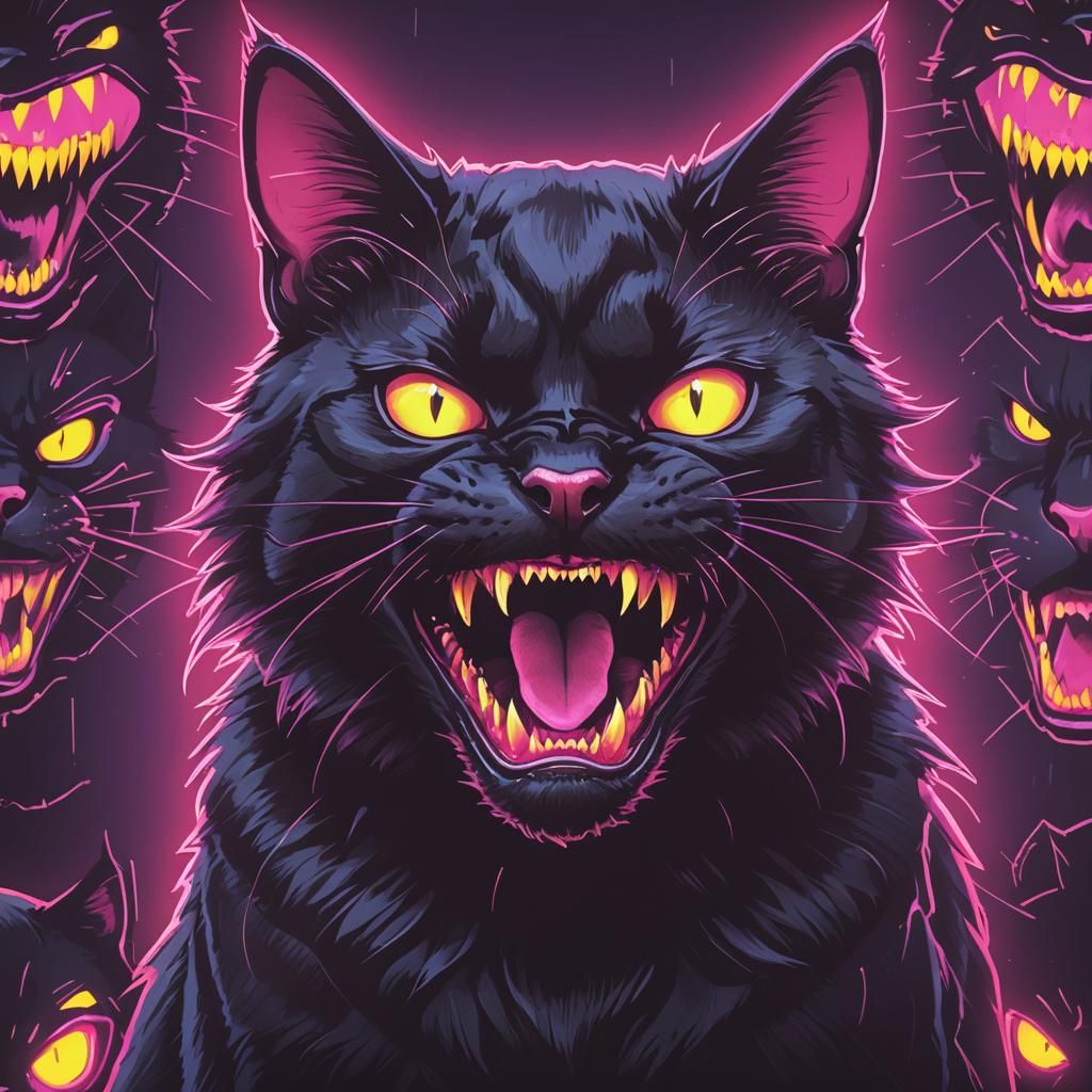 Black Cat with Sharp Teeth in Synthwave Neon Style