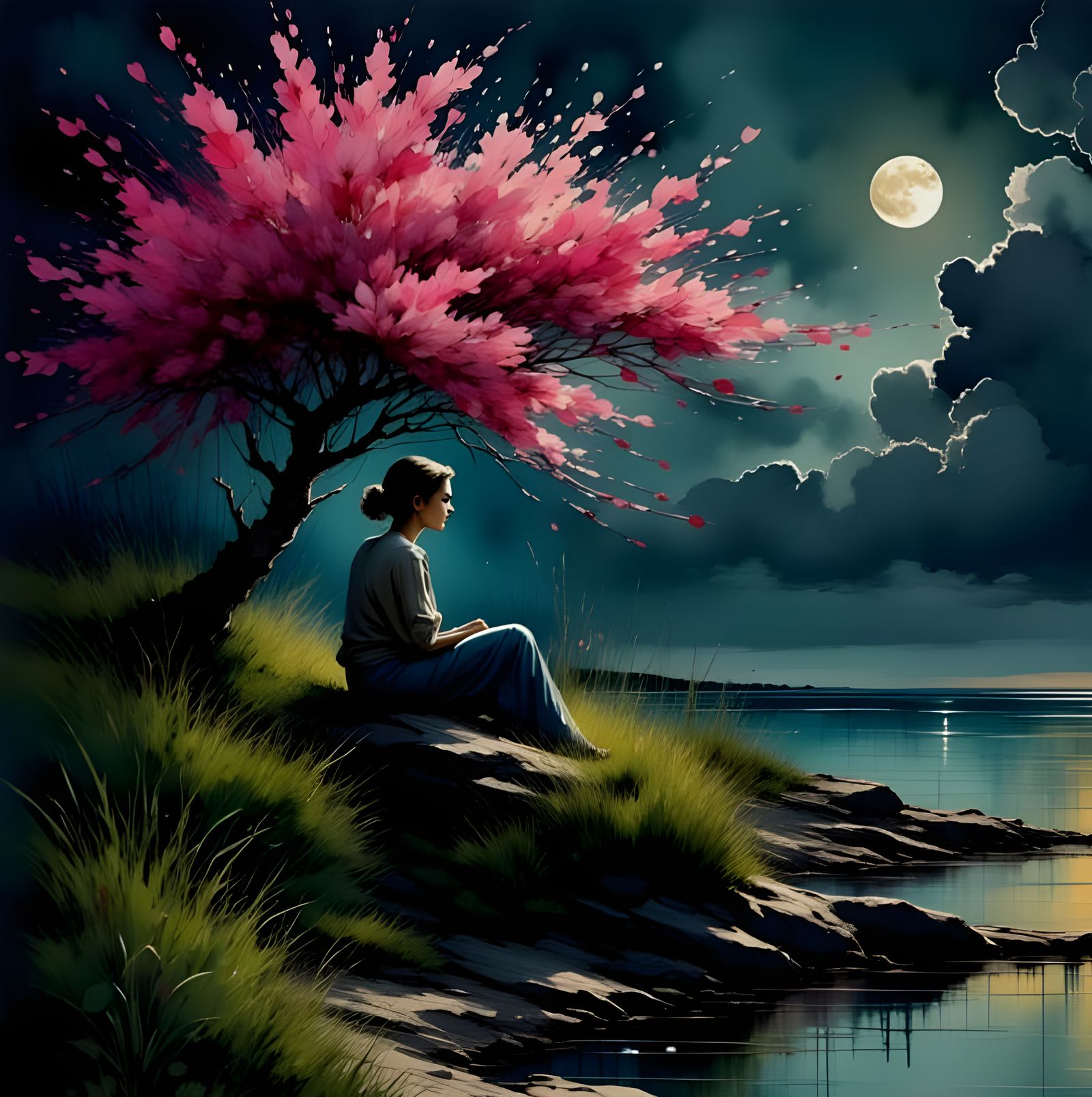 She sits on the bank under the moon