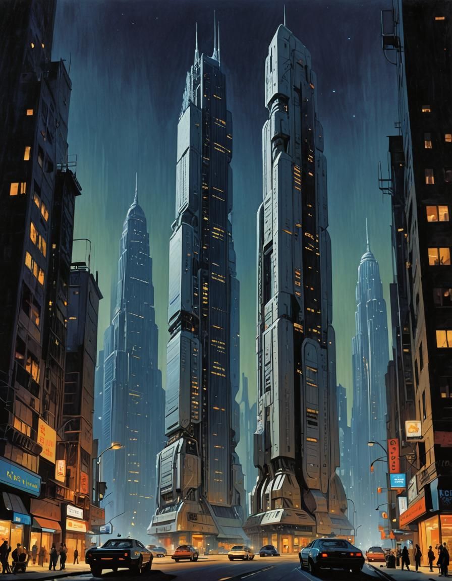 Futuristic Skyscraper at Night in 70s Sci-Fi Style