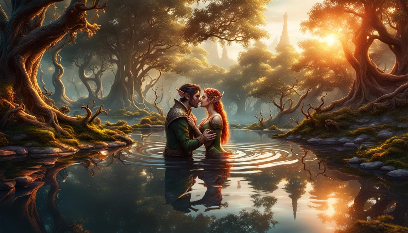 Elves Kissing at Sunset: Fantasy Concept Art