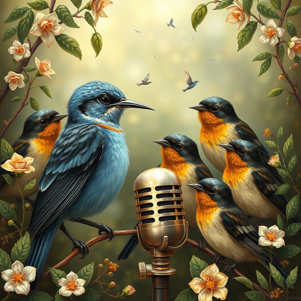 Whimsical Bird Choir with Bluethroat and Starlings