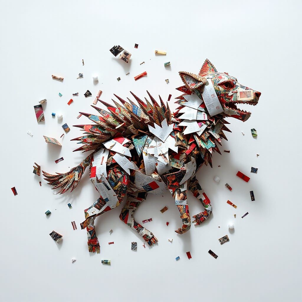 A paper animal mid-collapse: jagged confetti spine, magazine...