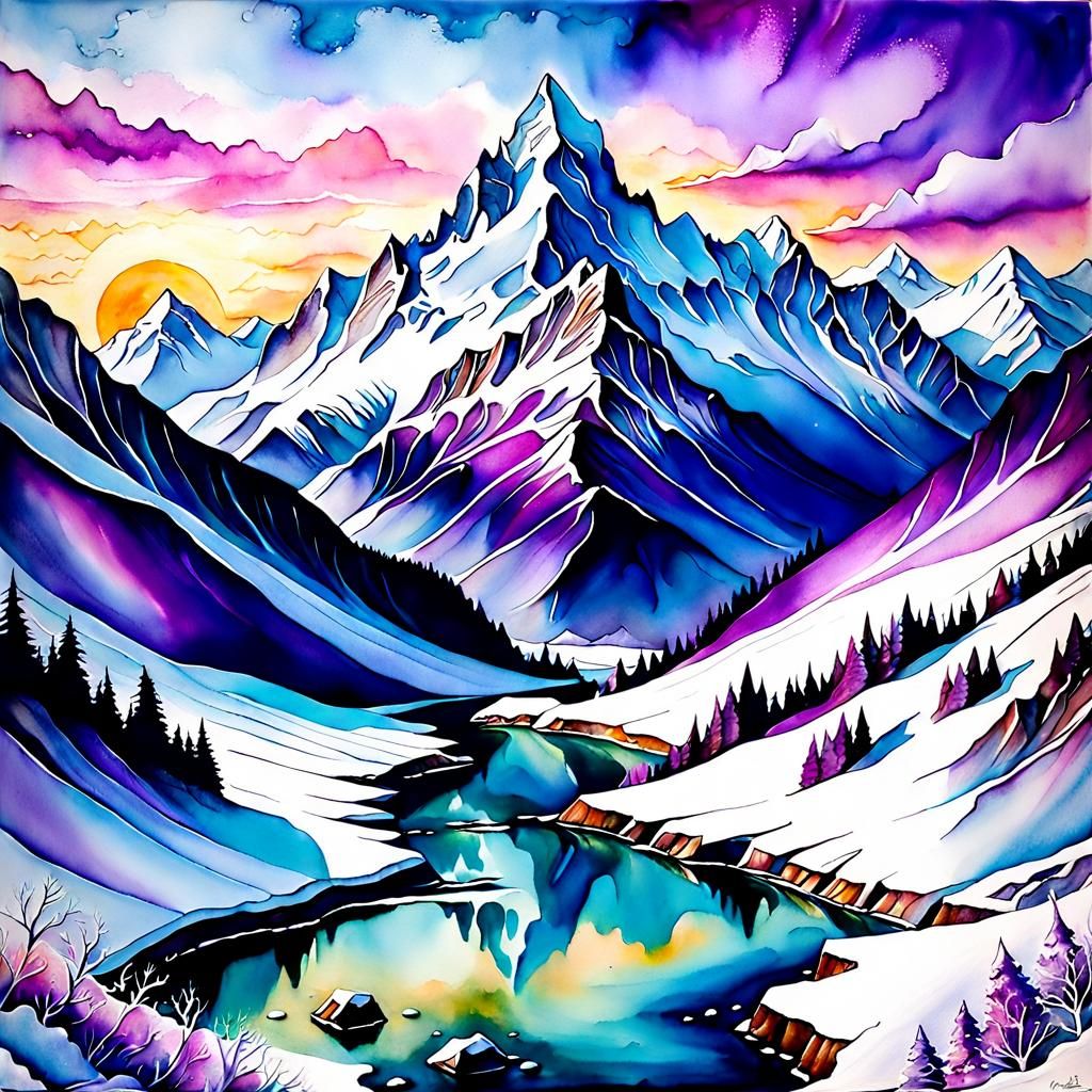 Snowy Valley Sunset in Swiss Alps, Encaustic Painting