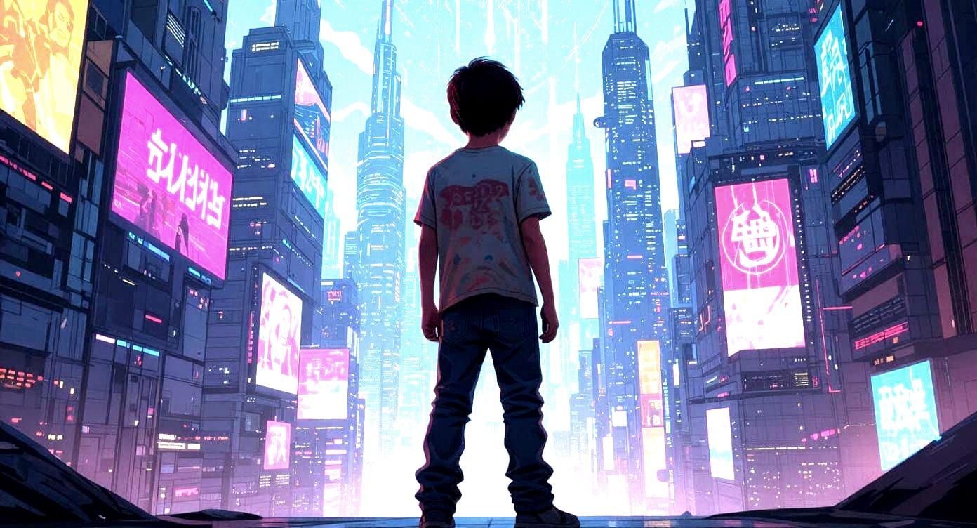 Boy in Magical Future World with Vibrant Colors