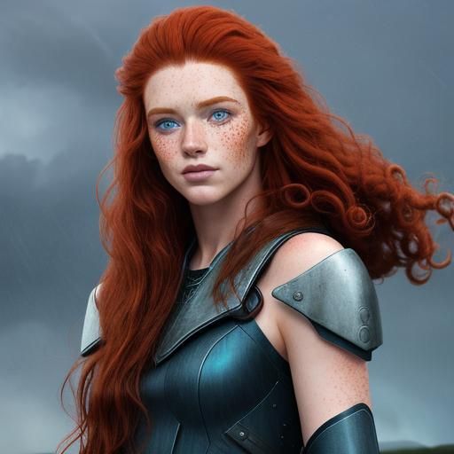 Red-Haired Model with Freckles in Thunderstorm