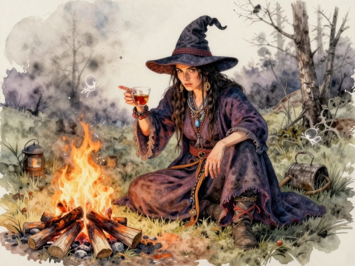Nomadic Witch Brewing Tea with Dancing Spirits in Watercolou...