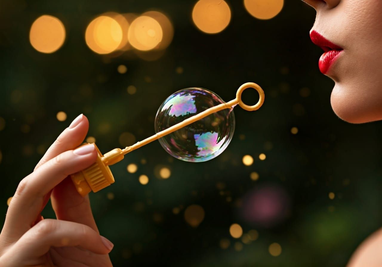 Woman Blowing Bubble Reflecting Fireflies, Macro Photography