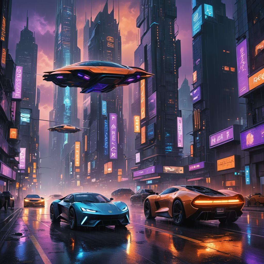 Futuristic Car in Neon Cityscape Concept Art